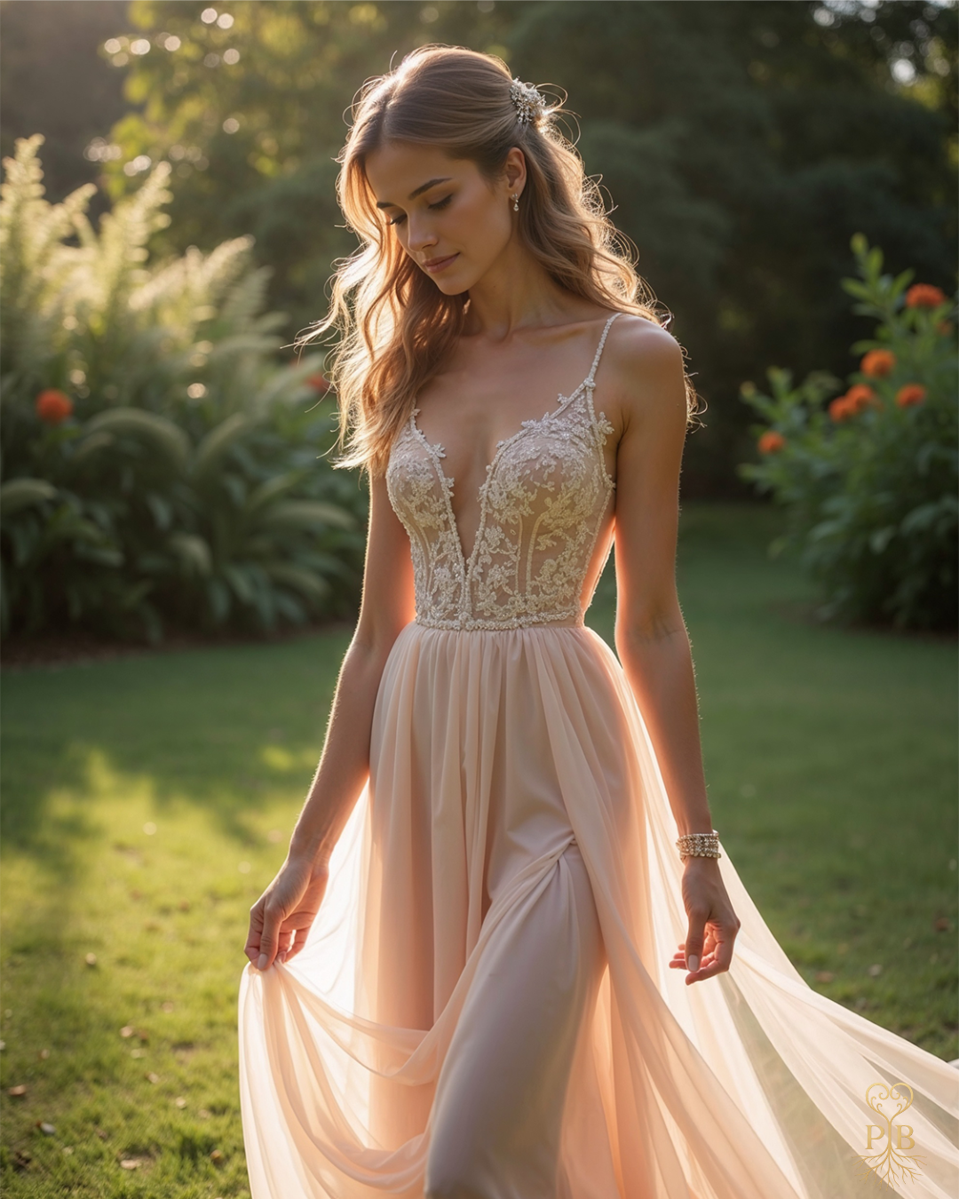 Ethereal blush wedding gown with sheer lace bodice and flowing chiffon skirt, inspired by natural light and soft femininity. A versatile Parnassum Bridal creation for modern romantic brides.