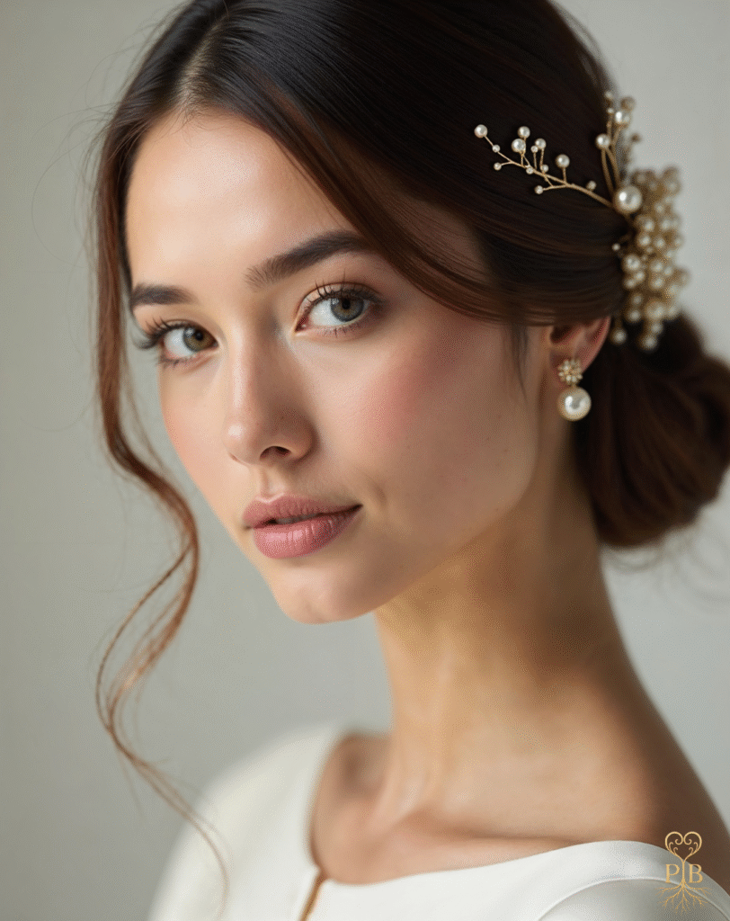 Bride with a sleek low bun styled with a golden comb adorned with pearls, reflecting soft light and understated sophistication.