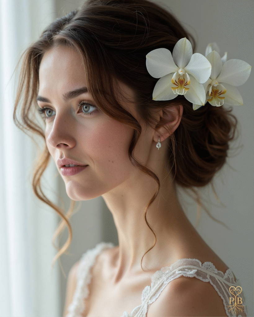 Bride with a romantic hairstyle adorned with natural white orchids, symbolizing elegance, freshness, and timeless beauty.