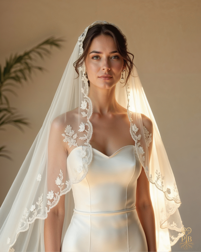 Bride wearing a long embroidered veil that diffuses soft light around her face, evoking romance and serenity.