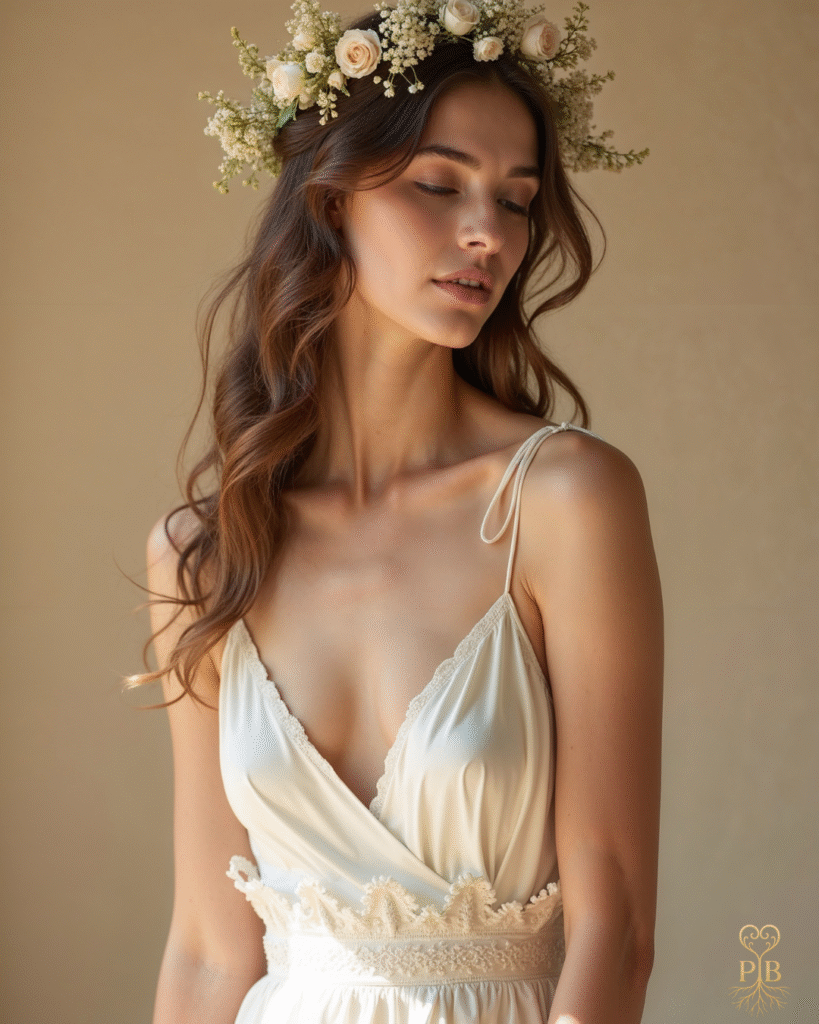 Bride wearing a low bun adorned with silk ivory flowers, blending timeless elegance with lasting charm.
