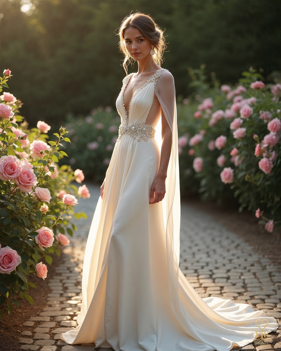 full-length bridal image in garden path with flowing cape, soft sunlight, elegant alternative to tiara