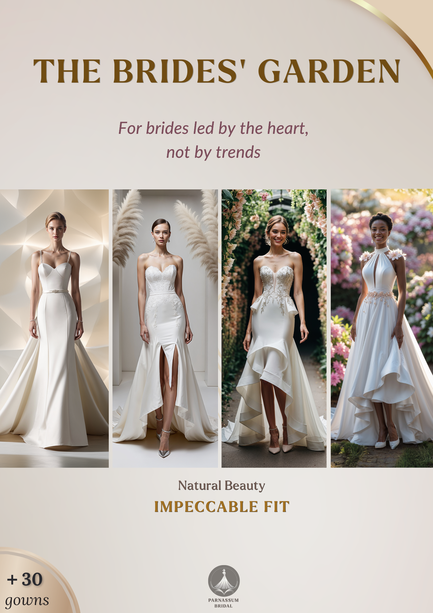 Cover of ‘The Brides’ Garden’, a curated selection of bridal gown designs presented as visual inspiration for refined, custom-made creations.
