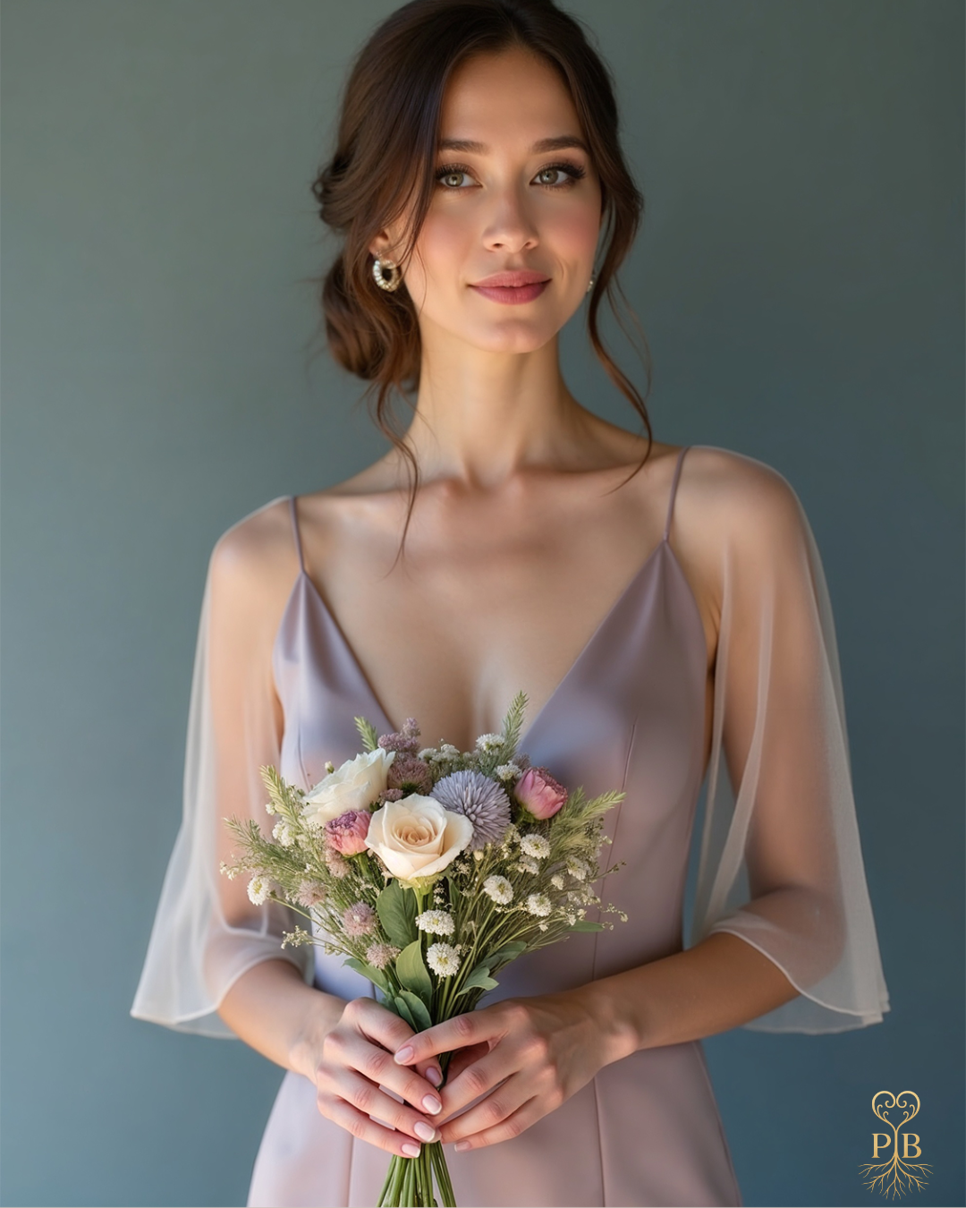 “Bride wearing a soft mauve gown with sheer flutter sleeves, holding a pastel bouquet of roses and wildflowers against a muted backdrop.”
