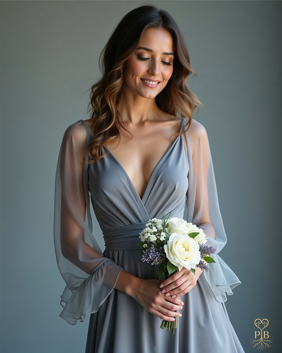 “Bride wearing a blue-grey gown with sheer sleeves, holding a bouquet of white roses and lavender in a soft, minimalist setting.”