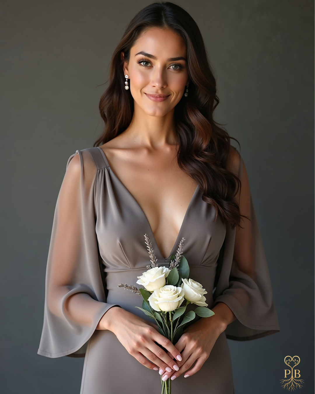 “Bride wearing a deep taupe gown with sheer sleeves, holding a minimalist bouquet of white roses in a soft, neutral setting.”