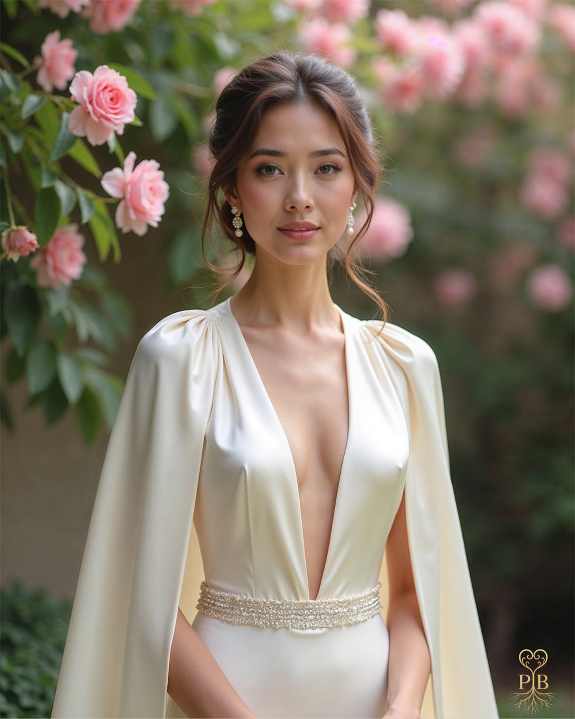 “Bride wearing an ivory silk gown with a flowing cape, standing among pink roses in soft natural light.”